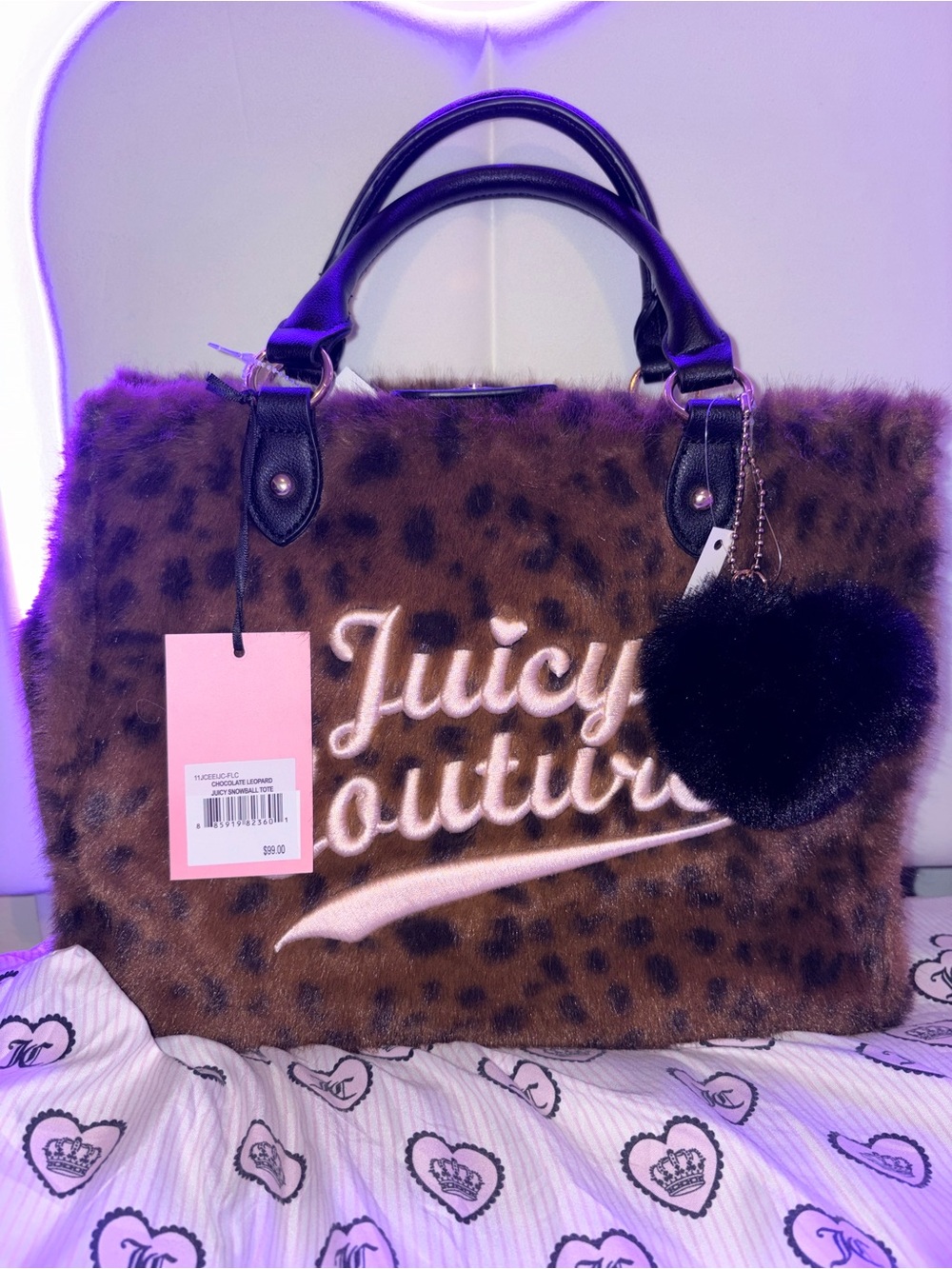 Juicy Couture Brown Leopard Faux-Fur Tote with Black Handles and Pom